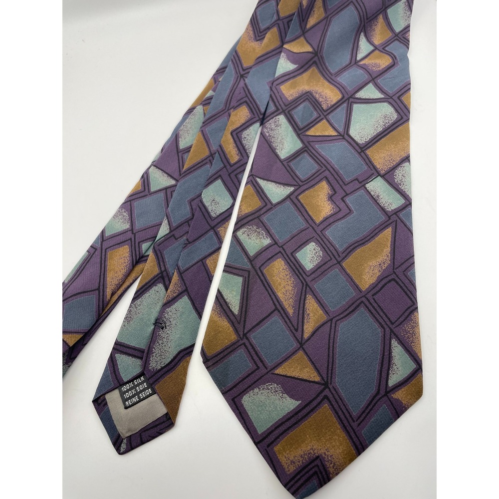 Paco Rabanne Paris Mens Silk Tie Geometric Abstract Purple Gold Made in Italy